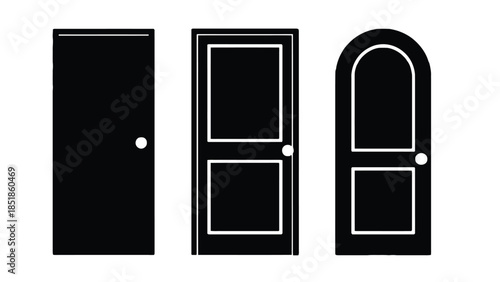 Three black doors with white outlines are shown in a row.