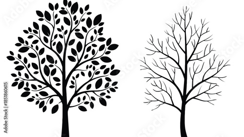 Two stylized trees, one with leaves and one bare, are silhouetted against a white background.