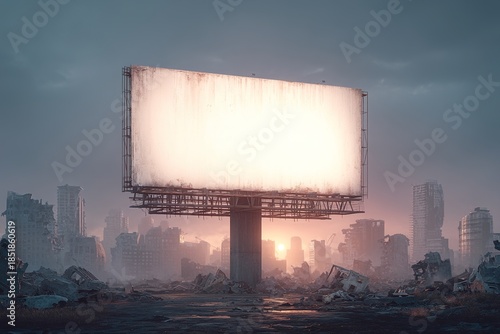 Large blank billboard standing above ruins in a post-apocalyptic cityscape at sunrise