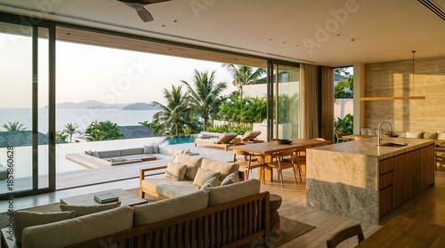 Luxurious modern living room with sleek furniture and expansive glass doors overlooking a serene tropical landscape and ocean view