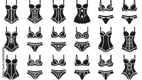 Collection of black lingerie set icons arranged in rows.