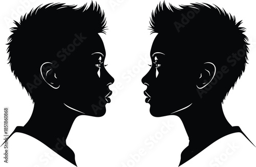 Black vector silhouette of two women with short hair facing each other in side profile view isolated on white background