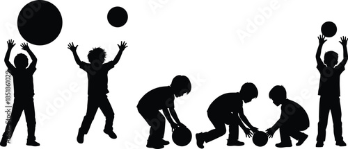 Vector illustration set of black silhouettes of little boys playing with a ball, jumping and throwing isolated on white background
