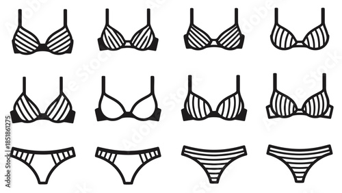 A collection of line art illustrations of bras and underwear.