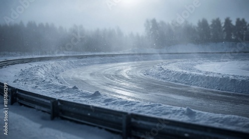 Snowy Road Curve with Guardrail and Trees in the Background