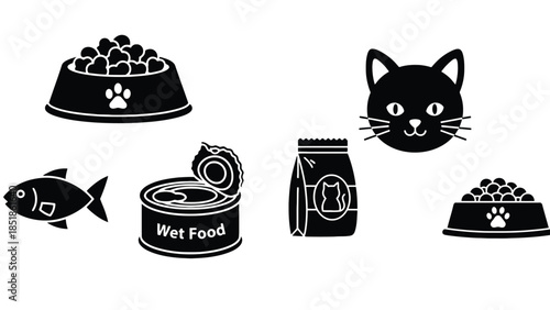 A collection of cat food icons including a fish, wet food can, and dry food.