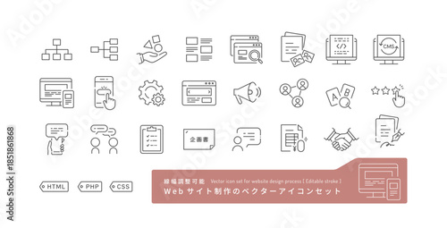 Webサイト制作の流れに使える線幅細めのモノクロ線画アイコンとイラストセット。ホームページ作成･レスポンシブデザイン･要件定義。Editable stroke