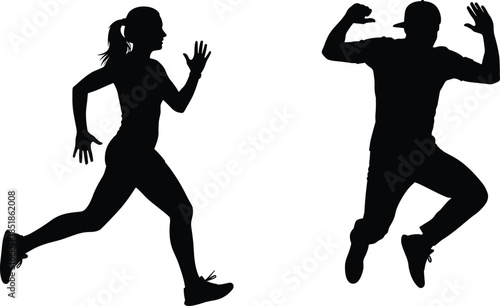 Silhouette of a woman running and a man jumping set against a white background for fitness sports parkour and lifestyle