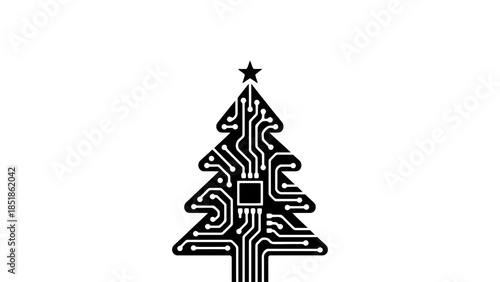 Christmas tree shape made of circuit board lines and a central chip