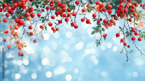 Festive rosehip branches adorned with bright red berries against a bokeh backdrop