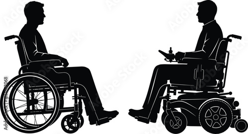 Silhouette of two men in wheelchairs talking manual versus electric power wheelchair mobility comparison for accessibility inclusion and disability awareness illustration