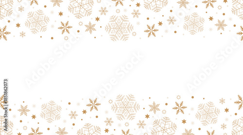 Golden snowflakes background, a banner of falling snowflakes on a transparent background. Vector illustration.