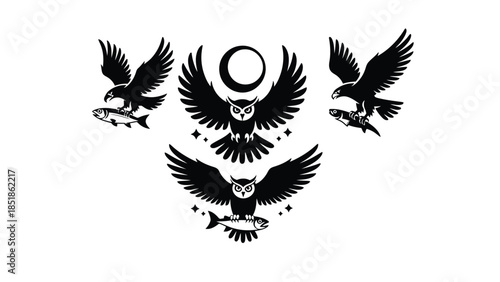 A symmetrical design features an owl in the center with eagles on either side holding fish