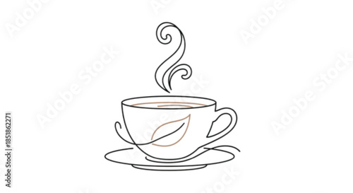 Delicate line art illustration of a steaming cup of tea with a leaf motif, evoking warmth and comfort.