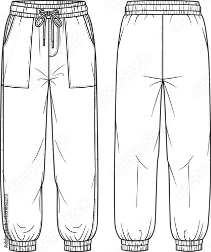 Technical Sketch Of Unisex Jogger Pants With Elastic Waistband And Cuffs Featuring Front Pockets For Apparel Design And Fashion Template