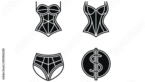 Lingerie and dollar sign icons represent the business of fashion and sex.