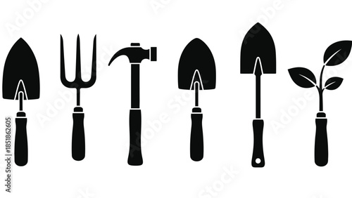 A collection of garden tools and a seedling are shown in silhouette.