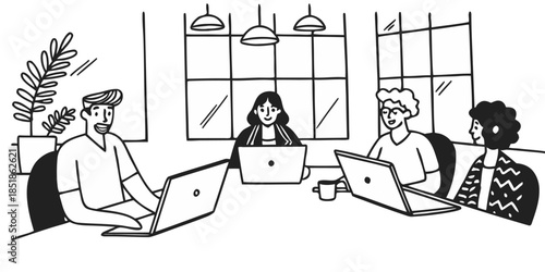 Smiling Diverse Remote Workers Collaborating on Laptops in Modern Co-Working Space