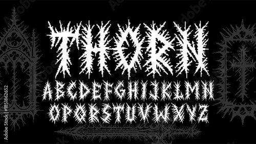 Pixelated tribal display typeface with dark metal aesthetic