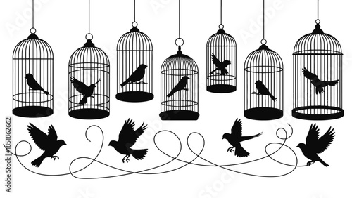 Silhouettes of birds flying free from cages and in cages