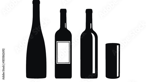 Four black silhouettes of wine bottles and a glass stand together.