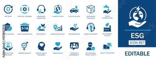 ESG and Sustainability Solid Icon Set. Features icons of Net Zero, climate change, community, compliance, and diversity. Flat vector design for eco-friendly and green energy presentations. 