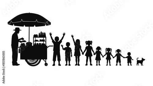 A vendor serves a line of children and a dog from a food cart.