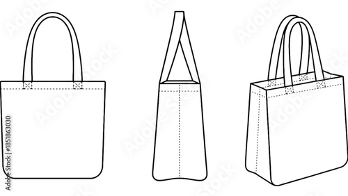 Three views of a simple canvas tote bag, front, side, and angled.