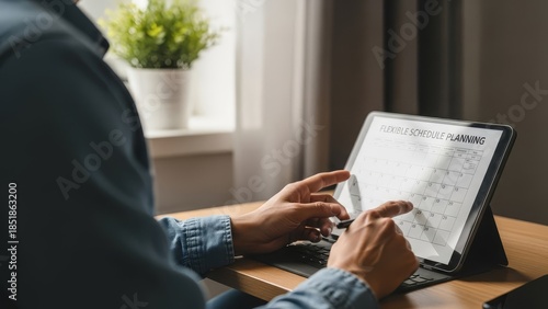 Man using digital tablet at wooden desk.