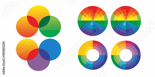 Overlapping colorful circles and color wheel designs showcase vibrant hues
