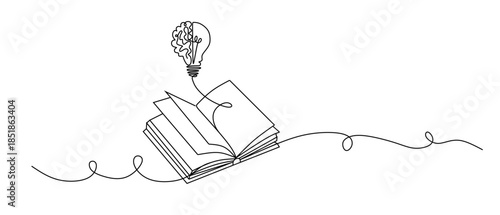 A single line drawing of a glowing light bulb with a human brain above the open textbook identity logo. Continuous line drawing design, vector graphic illustration.