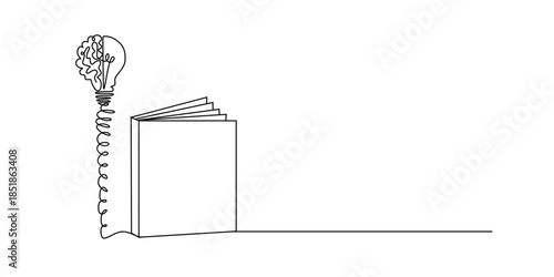 A single line drawing of a glowing light bulb with a human brain above the open textbook identity logo. Continuous line drawing design, vector graphic illustration.