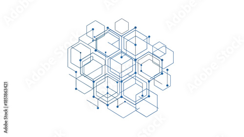 Abstract geometric network of interconnected hexagonal shapes with nodes and lines, representing data connections and technology concepts