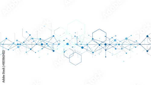 Abstract technology background with intricate blue dots, lines, and hexagons forming a digital network, representing the concept of global data communication