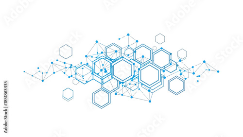 Abstract network of interconnected blue hexagons and dots, representing technology and data flow on a white background