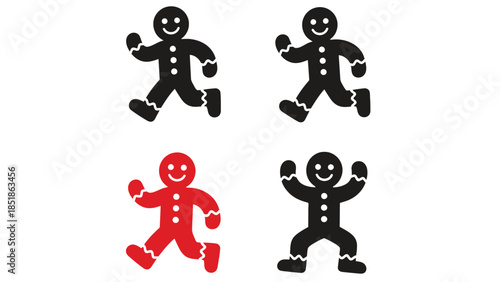 Four gingerbread men figures are depicted in different colors and poses.