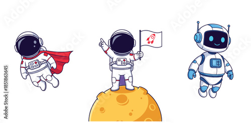 Cute astronaut cartoon character set with space hero pose moon landing and friendly robot flat vector illustration for kids and sci-fi design