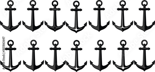 Anchor silhouette icon collection in nautical marine style flat vector illustration set isolated on white background for maritime and ocean design