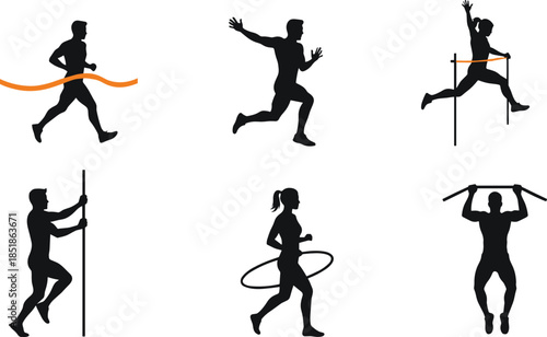 Athletics and fitness silhouette collection with running jumping vaulting and workout poses flat vector illustration isolated on white background for sports design