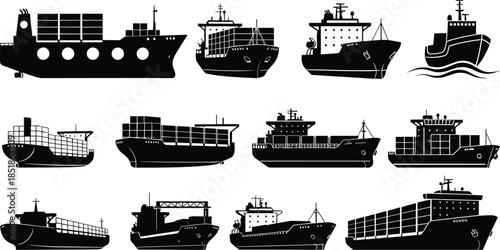 Cargo and container ship silhouette collection with different vessel types flat vector illustration set isolated on white background for maritime design