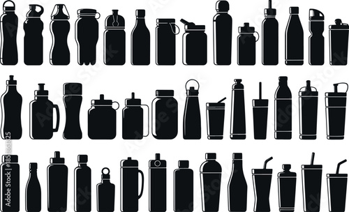 Water Bottle Silhouettes Set: Vector Icons for Sports, Fitness & Hydration Design Projects