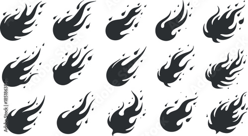Set of 15 Black Flame Icons, Vector Fire Symbols for Logos, Branding, and Design Projects