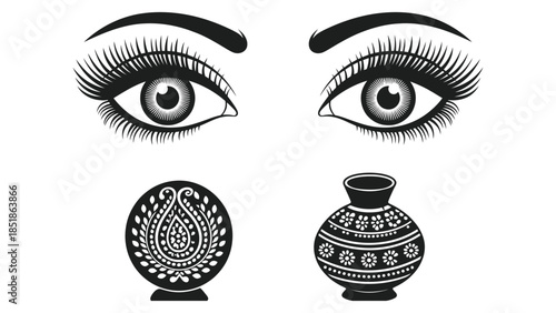 Two eyes above a paisley design and a decorative pot