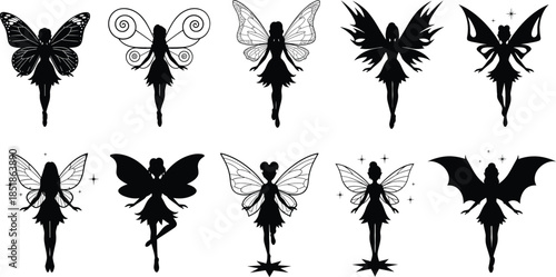 Fairy silhouette collection with winged fantasy female characters in different poses flat vector illustration isolated on white background