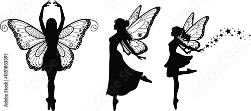 Fairy silhouette illustration set with elegant winged female characters in magical poses flat vector isolated on white background