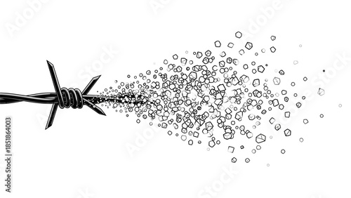 Barbed wire dissolving into dust particles, illustrating concepts of freedom and destruction.