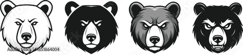 Bear head logo collection in monochrome style flat vector illustration set for branding, mascot, and emblem design