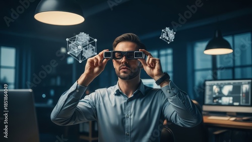 Man Adjusting Virtual Reality Glasses in Office.