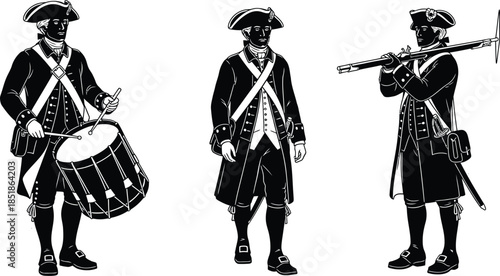 Three black and white silhouettes of 18th-century soldiers, one drumming, one marching, and one carrying a musket. AI Generative