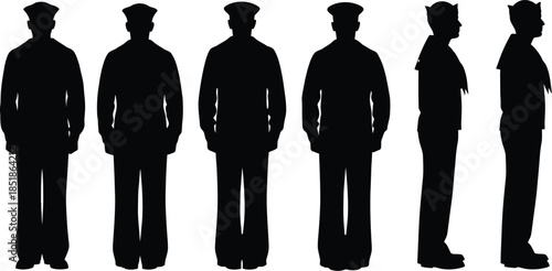 Long Tail Title: Black Silhouette of Six Sailors Standing in Line Wearing Dress Uniforms, Four Facing Forward and Two in Profile, US Navy Military Vector Illustration AI Generative